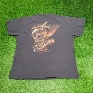 Fiery Skull Skeleton Winged Shirt XL 24x29 Faded Black